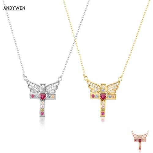 ANDYWEN 925 Sterling Silver Gold Pink Cupid Love Wing Cross Pendiente Long Chain Necklace 2021 Wedding Gift Women Jewelrys