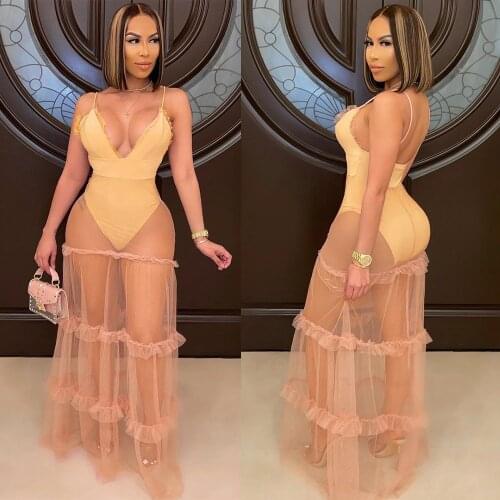 Echoine Sheer Mesh Long Maxi Dress Ruffle Patchwork Strap Dresses Ladies Summer Beach Sexy See Through Vintage Vestidos Sundress