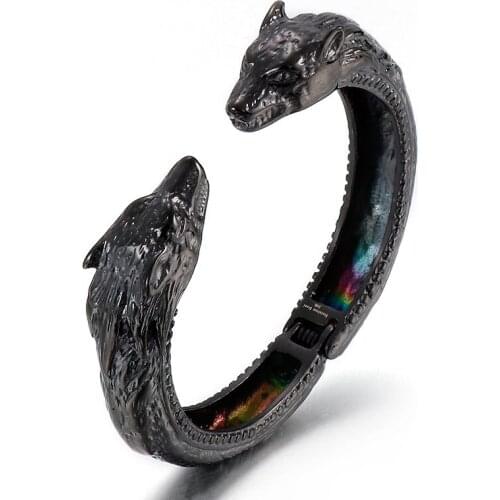 11*61mm 66gweight Titanium Steel Black Biker Wolf Head Open End Cuff Bangle Bracelet Punk Hip-Hop Mens Bracelet
