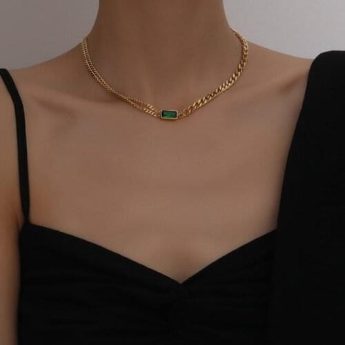 316L Stainless Steel Minimalism Green Zircon Charms Thick Neck Chain Choker Necklace For Women Fashion Trend Jewelry Gift SAN420