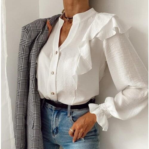 70% Dropshipping!!Casual Women Blouse Autumn Solid Color Long Sleeve Top Ruffle Single-breasted Shirt