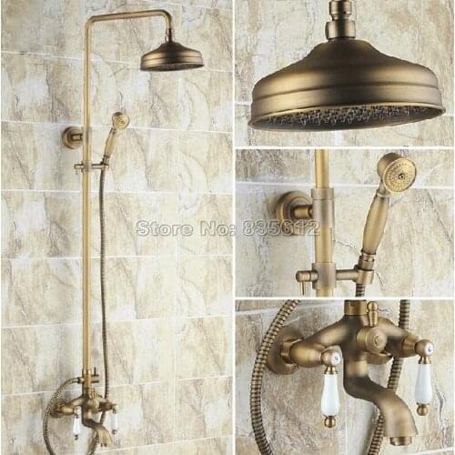 Antique Brass Bathroom Wall Mount Rain Shower Faucet Set W/ 8" Shower Head + Ceramic Handles TUN Mixer Taps Wrs004