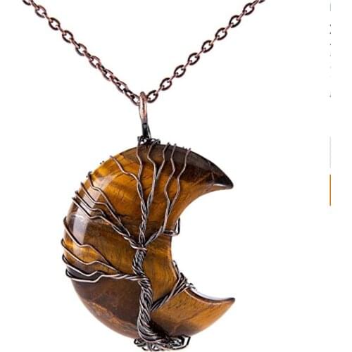 FYSL Antique Copper Wire Wrap Crescent Moon Tiger Eye Stone Pendant Link Chain Necklace Opalite Opal Jewelry