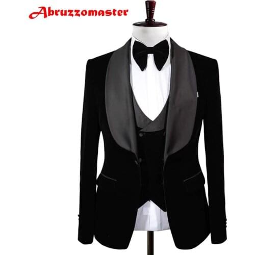 Velvet Man Suit Black Velvet Groom Tuxedos Big Shawl Lapel Groomsman Suit Custom Made Wedding Suit (Jacket+pants+vest)