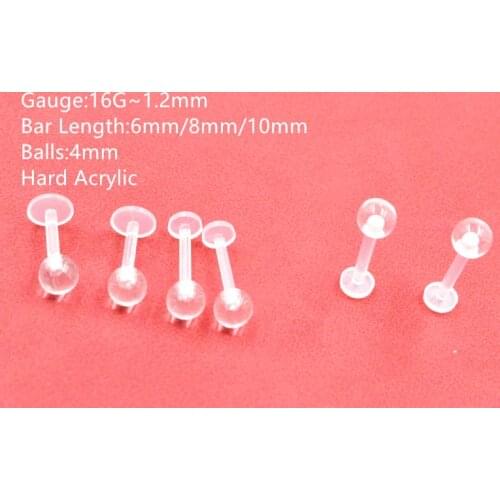 Free shippment LOT100pcs Body Piercing -Hard Acrylic Retainer Lip Labret Ring Bar Lip Piercing 16G x6/8/10x4mm Clear Ear Bar