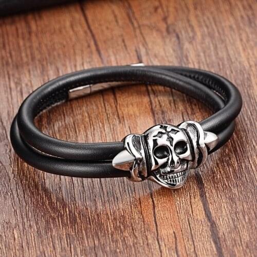 XQNI Charm Bracelets For Women Skull Stainless Steel Genuine Leather Bracelets & Bangles Men Jewelry Leather rope Bracelet