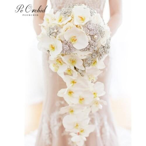 PEORCHID Brooches Crystal Bling Bridal Bouquet Ivory Yellow Phalaenopsis Rose Luxury Pearls Jewelry Waterfall Wedding Bouquet