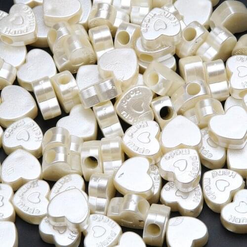 50pcs 13mm Beige Imitation Pearl Beads Big Hole Hand made Heart Spacer Acrylic Beads For Diy Jewelry Making Necklace Bracelet
