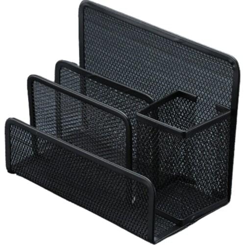 Small Desk Pen Holder Mail Organizer Black Mesh File Letter Holder with 3 Compartments Drawer Metal Mesh Desktop Storage or