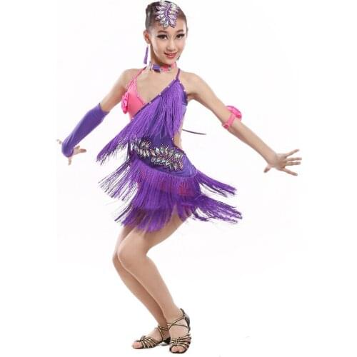 2017 New Children Latin Dance Dress for Kids Performance Wear Latin Sequin Tassel Fringed Dance Costume Girls Skirts with Gloves