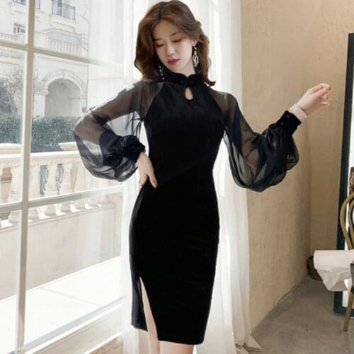 Elegant Contrast Mesh Sleeve Pencil Dress Women 2020 Spring Stand Collar Midi Dresses Ladies Solid Back Split Dress