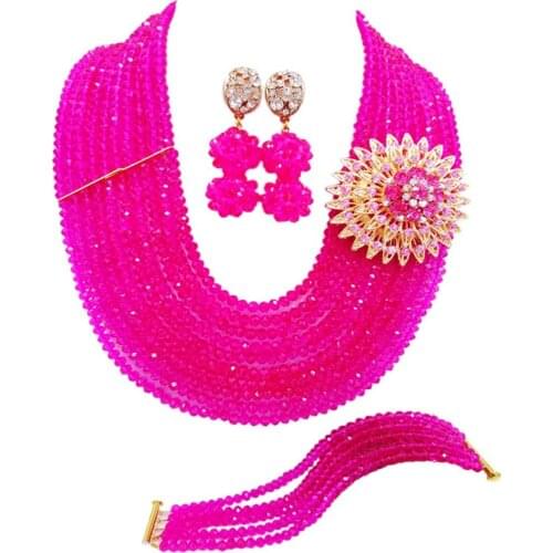 Fuchsia pink nigerian wedding african beads jewelry set crystal costume necklace african set 10C-DS-09
