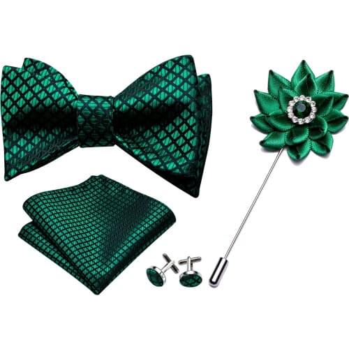 Green Bowtie Men Self-tied Bows Checked Silk Tie Set Pocket Square Cufflinks Boutonniere Plaid Tie for Wedding Party Barry.Wang