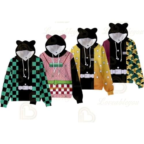 Hot Anime Demon Slayer Cosplay Hoodies for Kids Hooded Pull Over Coat Cat Ear Jacket Halloween Party