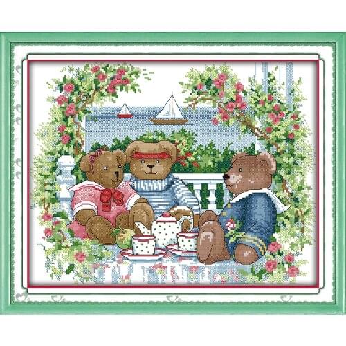 Joy sunday cartoon style Bear afternoon tea Kit embroidery cross Article 14ct or 11ct for home decoration