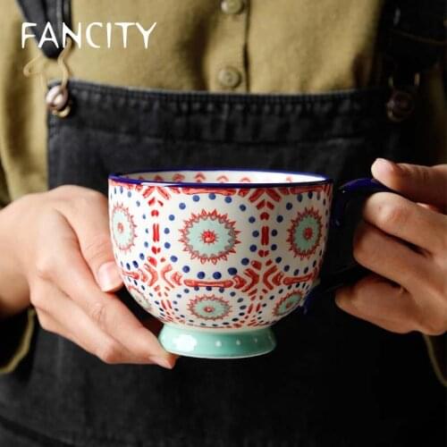 FANCITY 400ml Nordic Retro Ceramic Office Coffee Cup Simple Household Painted Big Belly Oatmeal Breakfast Cup Afternoon Tea Tea