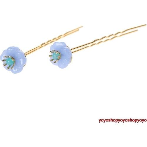 China JIANGNAN vintage nature jade pair blue hairgrips "U"hairpins sticks hanfu kimono cosplay Chinese accessories