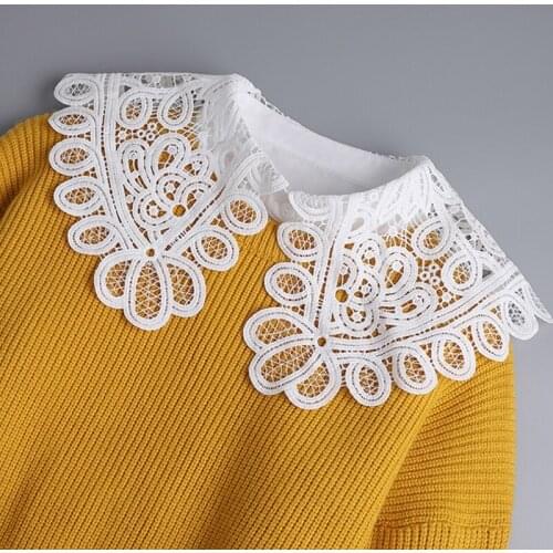 Korean Women 2 Pieces Large Lapel False Collar with Fake Sleeves Wristband Set Elegant Hollow Out Lace Detachable Half Horn