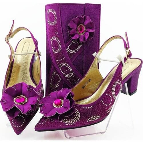 Nice looking magenta flower style women pumps with Big crystal decoration african dress shoes match handbag set MM1101,heel 7CM