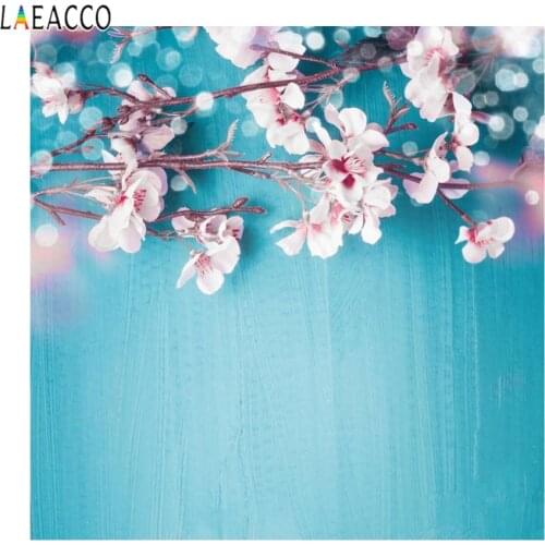 Laeacco Pink Flowers Blue Planks Decor Portrait Customized Photographic Backgrounds For Photography Backdrops For Photo Studio