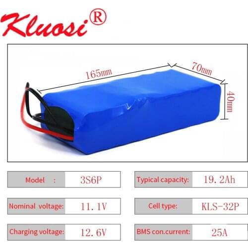 KLUOSI 3S6P 12V 19.2Ah 20Ah Large Capacity 12.6V Lithium Battery Pack with 25A BMS LED Lamp Light Backup Power Electrical Tool