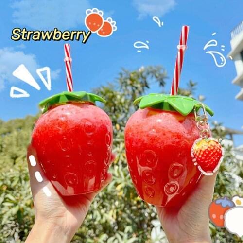 Ins Cute Strawberry Cup With Straw Creative Clear Plastic Water Bottles For Kids Girl Student Portable Cold Drink Water Cups