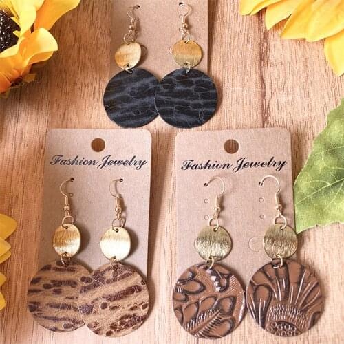 Emboss Textured Drop Earring Fashion Jewelry Unique Retro Vintage Geometric Bohemian Metal Genuine Leather Earrings for Women