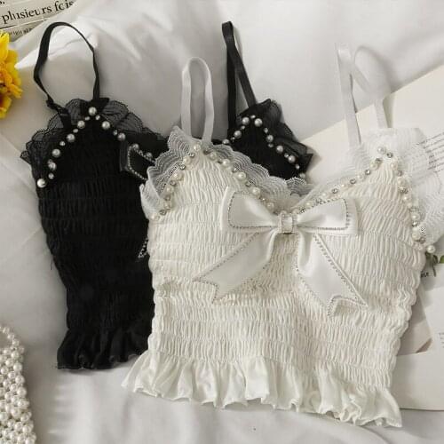 Sexy Bra Top Women 2021 Summer Beaded Outer Wear Camisole Top Female Lace Gather Chest Slim Sexy Corset Ladies Tank Top