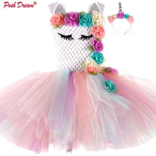 POSH DREAM Peach Pink Flower Kids Girls Party Dresses Unicorn Rainbow Flower Cosplay Costume with Headband New Baby Girls Cloth