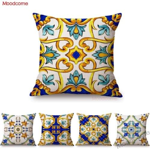 Nordic Watercolor Hand Drawn Italian Brogue Tile Pattern Blue Sofa Throw Pillow Case Home Decoration Cotton Linen Cushion Cover