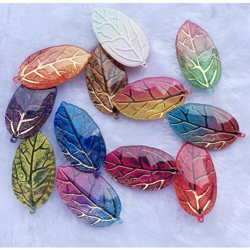 60pcs 21*40mm Rainbow Resin Rhinestones Flat Back Leaf Gems Button For Clothes Dress Crafts Garment decoration -A20*6