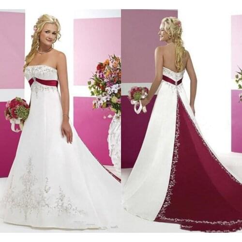 Dark Red and White Wedding Gowns Modest Strapless Stain Embroidery Two Tone Sweep Train Plus Size Country Vintage Bridal gown