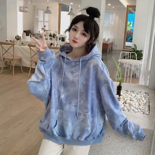 Dueweer Hoodies Womens Sweatshirt Hooded Women Tie Dye Pockets Long Sleeve Multicolor Drawstring Korean Style Causal Loose Chic