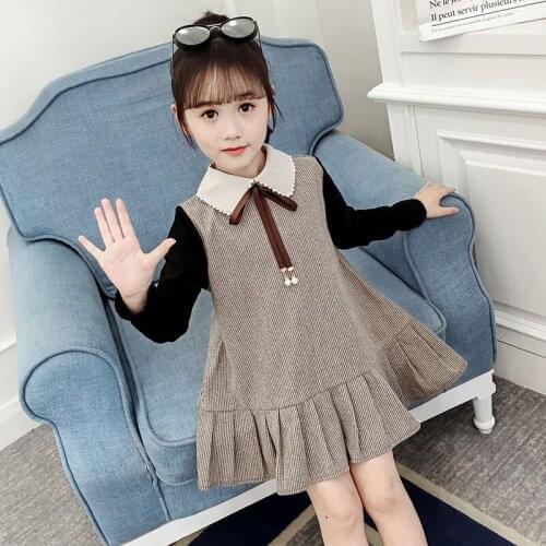 High Quality Girls Spring Fall Long-Sleeve Spliced Ruffled Dress Academy Style 2021 New Childrens Wear One Piece Clothes P405