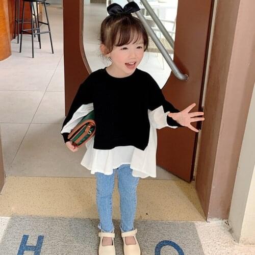 Spring Autumn GIrl Cotton Blouse Casual Princess Shirt Korean Fake two Long Sleeve White Black Top fashion Girl Clothing