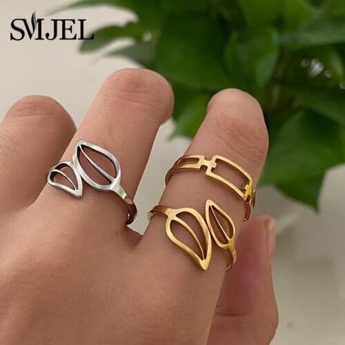 Vintage Stainless Steel Leaf Line Plant Rings for Women Girls Fashion 2021 Hollow Leaves Ring Finger Jewelry High Quality Gifts