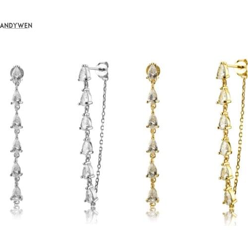 ANDYWEN 925 Sterling Silver Gold Long Line 45cm Stud Earring Ovals Clear CZ Zircon Chains Rock Punk Women Crystal Jewelry