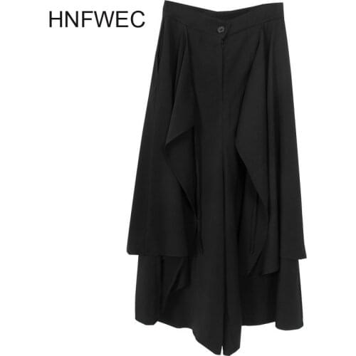 2020 New Spring Autumn High Waist Black Loose Pockets Button Spliced Wide Leg Pants Women Fashion Trousers All-match T985