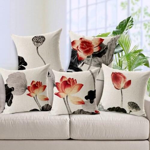 1Piece Square 45x45cm 30x50cm Cotton Linen Decorative Pillow Case Cover Classic Lotus INK Painting Pattern Pillowcase House New