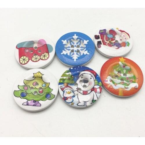 100pcs 30mm Large Wooden Christmas Buttons Round Xmas Tree Snowman Snowflakes Sewing Button Embellishments DIY Crafts