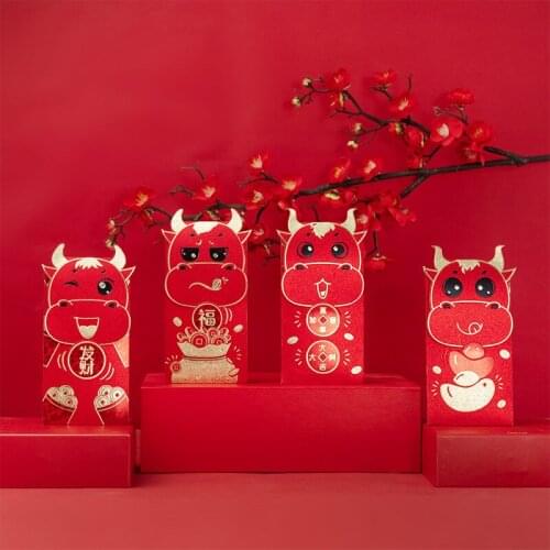 4pcs/set Hot 2021 Year Of The Ox Chinese New Year Red Envelope Cartoon Personality Creative Stamping Gold Eve Wallet Coin Bag