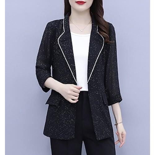 #5234 Black Plus Size Blazer For Women Single Buttons Casual Blazer Woman Three Quarter Sleeve Chiffon Blazer Coat Thin Elegant