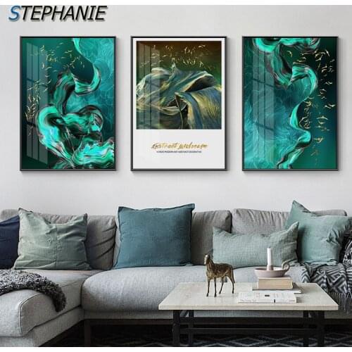 Abstract Green Silk Canvas Wall Art Painting Nordic Luxury Golden Bird HD Poster Print Decoration Picture for Bedroom Home Decor