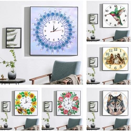 5D DIY Diamond Painting Animal Wolf Cat Wall Clock Diamond Embroidery Mosaic Flowers Home Decor Wall Art Special-shaped Drill