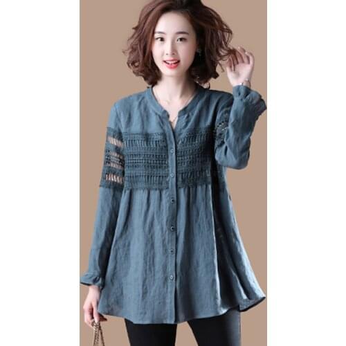 Spring Fall Casual Women Hollow Out Long Sleeve Green Linen Blouse , Female Woman 4xl Loose Lace Patchwork Cardigan Blouses
