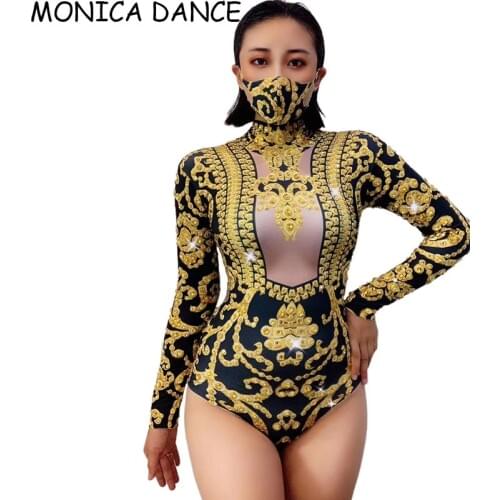 Sexy Bodysuit Black Gold Rhinestone 3d Printed Bodysuit Festival Birthday Celebrate Outfit Prom Women Dance Show Stage Wear