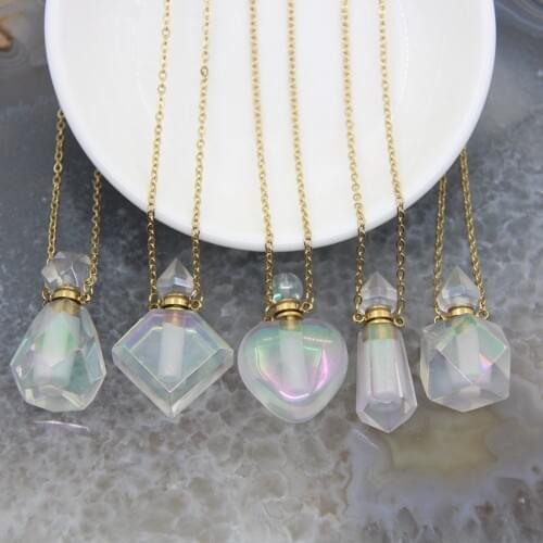 5 Shaped Gold Plated Chains Rainbow Aura Crystal Perfume Bottle Pendants Necklace,AB Quartz Essential Oil Diffuser Vial Charms