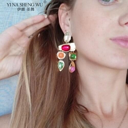 Girlgo Newest Design Colorful Rhinestone Dangle Earrings Women Punk Long Crystal Pendent Statement Earrings Jewelry Accessories