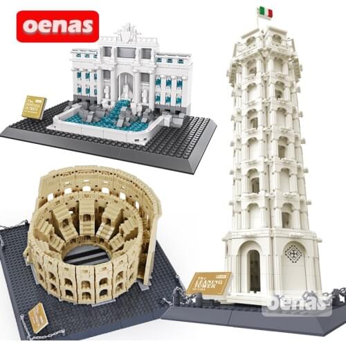 City Street MOC Creative Architecture Italy Roman Colosseum Trevi Fountain Leaning Tower of Pisa Model Building Block Toy Gift