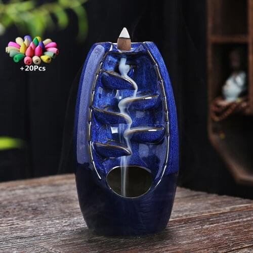 With 20Cones Home Decor Blue Waterfall Ceramic Handmade Crafts Ornaments Indoor Aromatherapy Waterfall Backflow Incense Burner